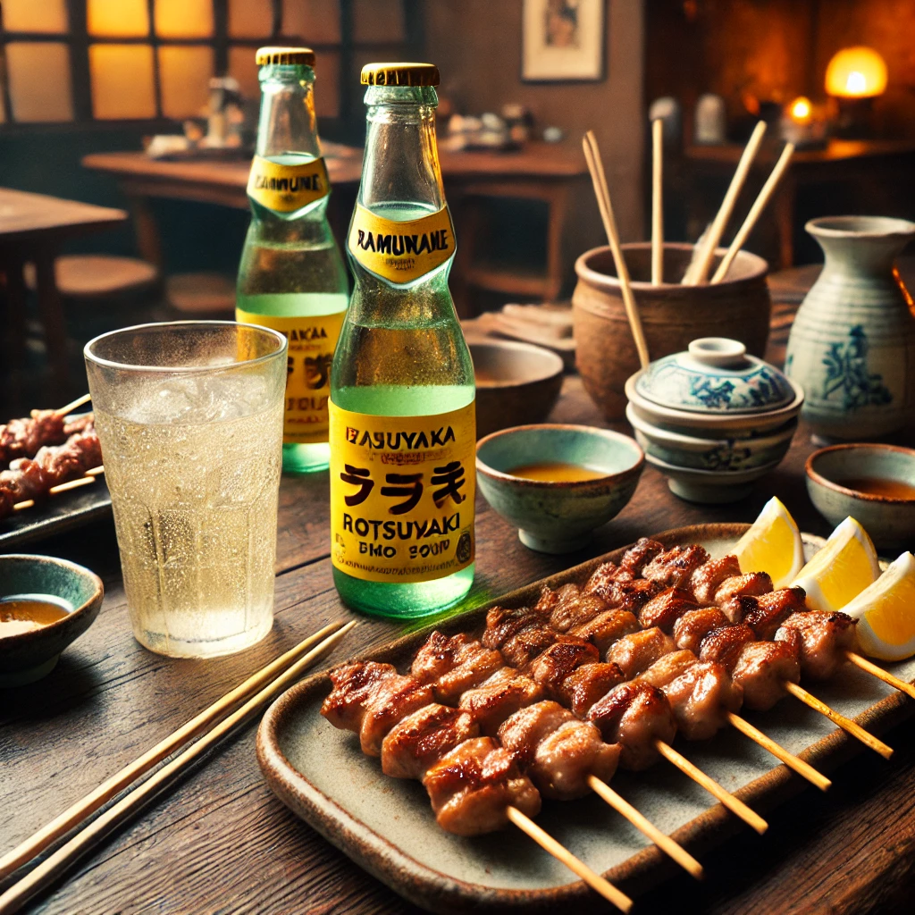 もつ焼きばん。焼き鳥とラムネサワーが卓上にある