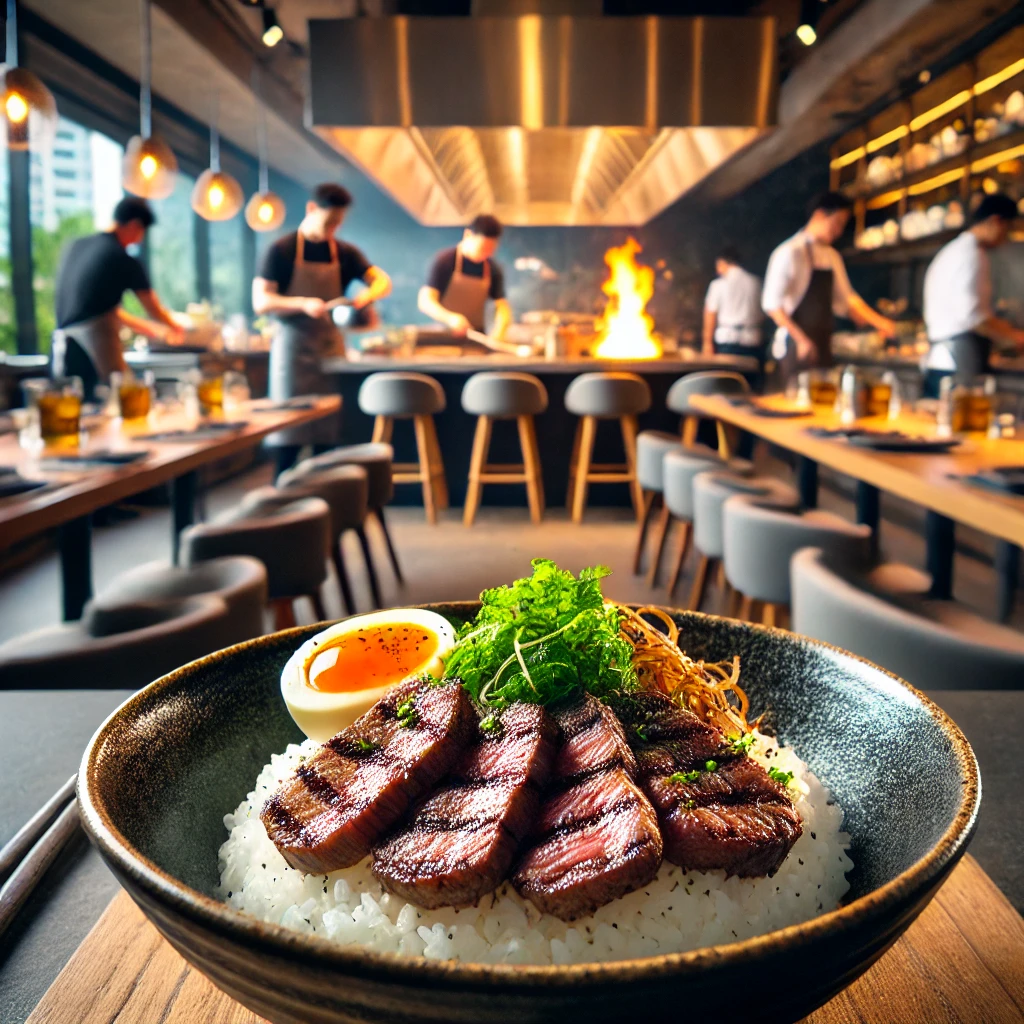 ステーキライスとカレーの店。目の前にステーキとライスがのっているプレートがある