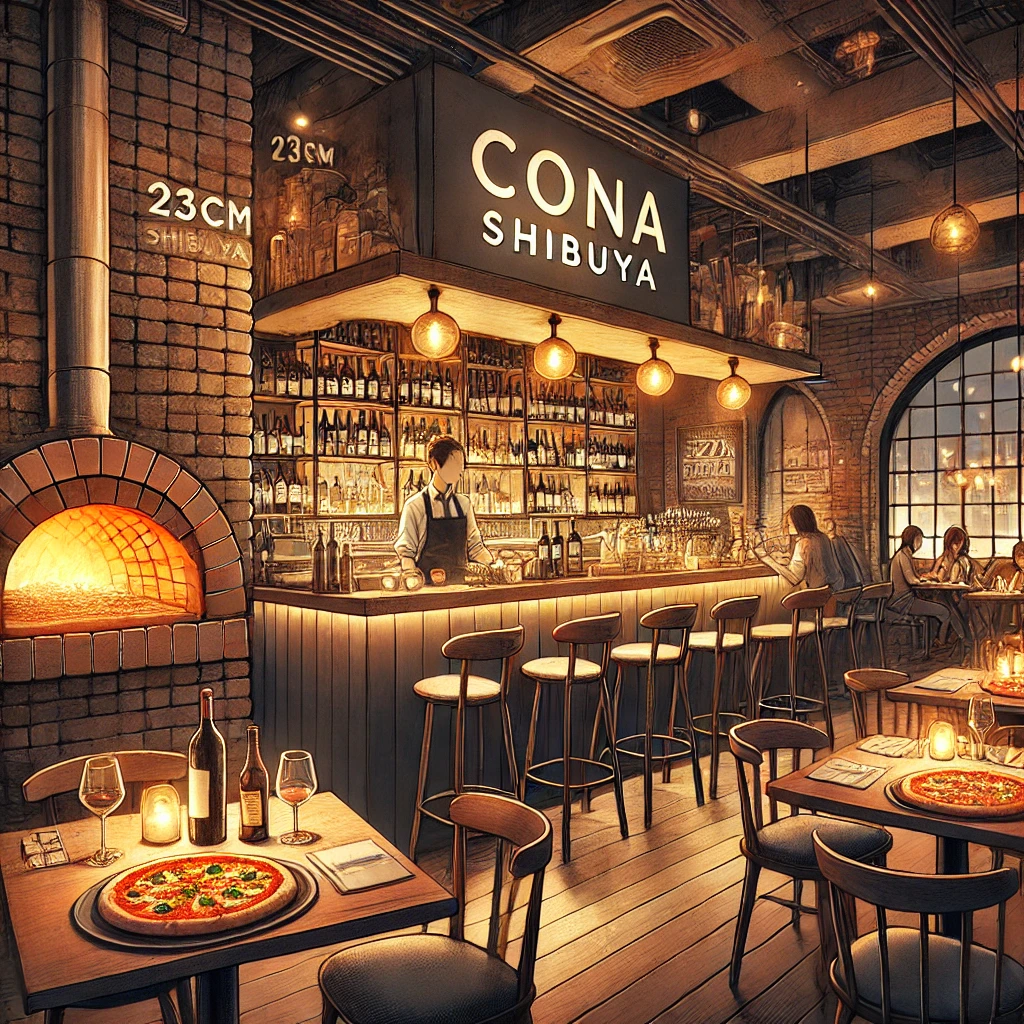 cona。おしゃれな雰囲気の店内に、石窯ピザが置かれている